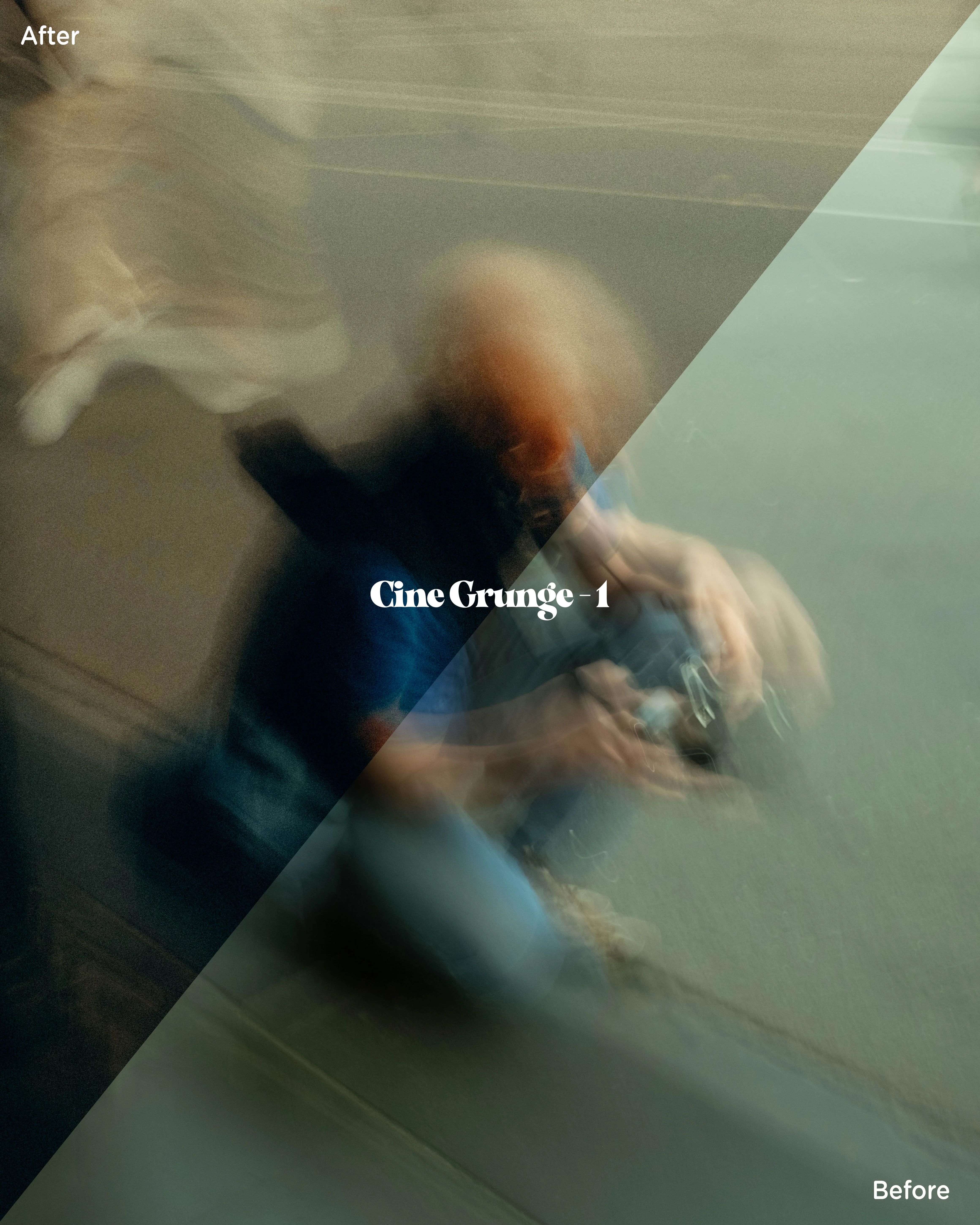 Diagonal before/after split of a crouching photographer in motion blur — the after side warmed and softened by Cine Grunge 1, the before side flat and grey.