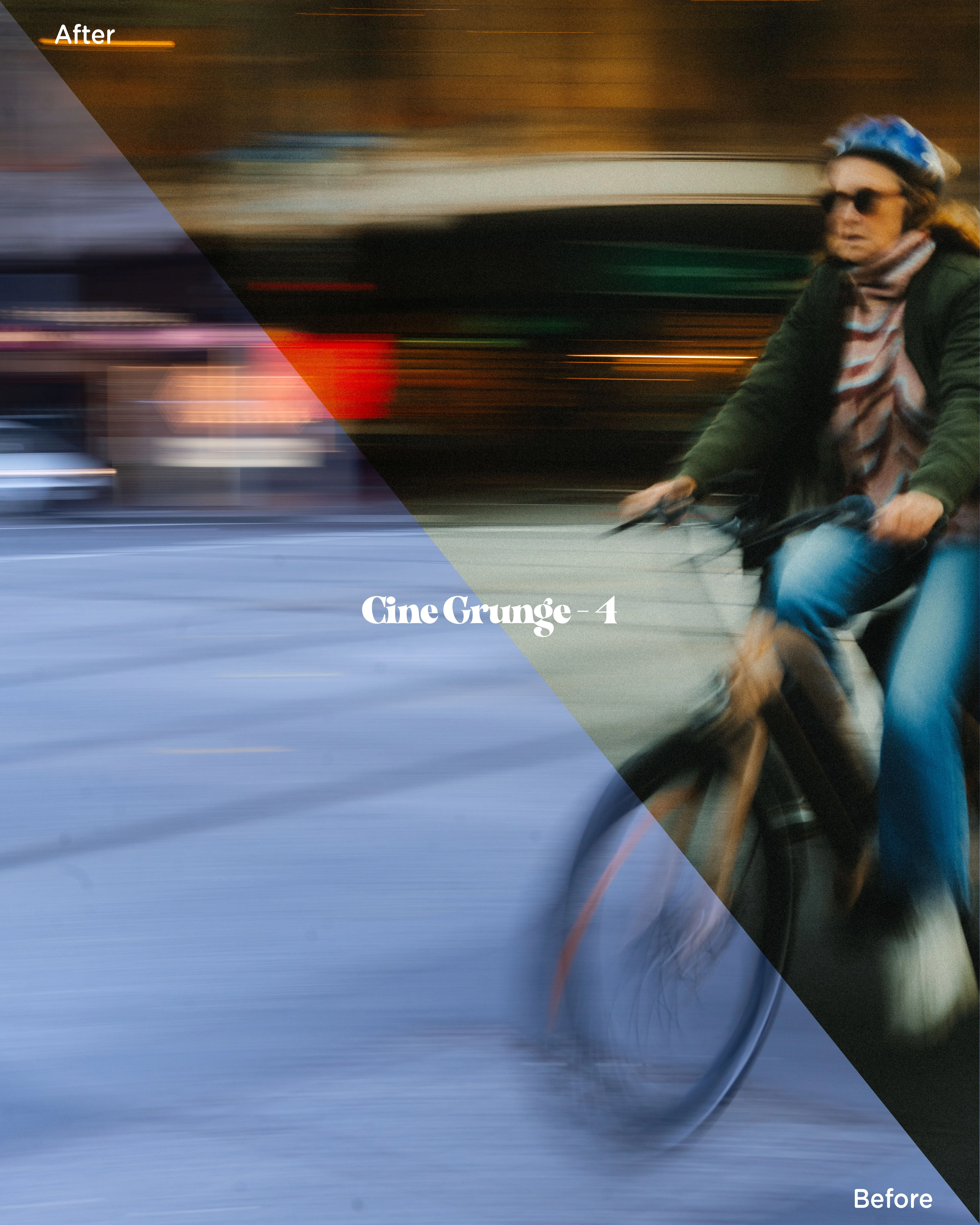 Diagonal before/after split showing Cine Grunge 4 adding grain and amber warmth to a motion-blurred figure.
